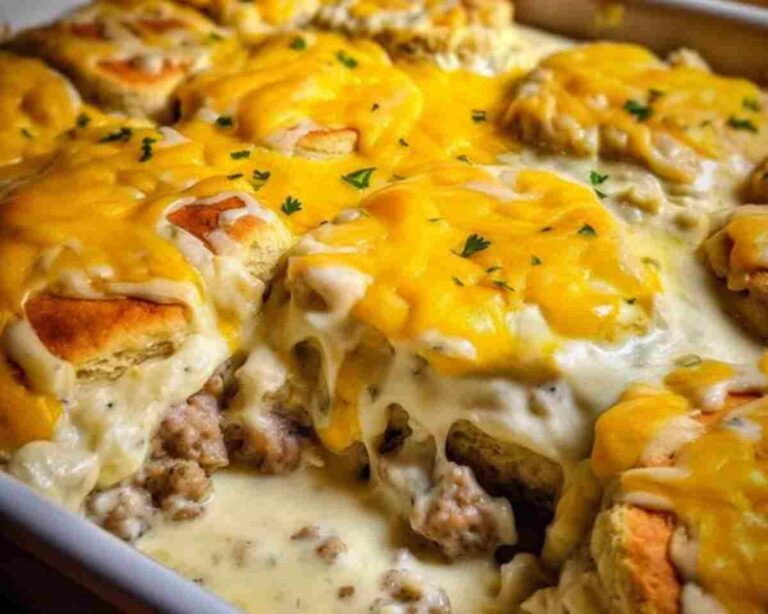 Biscuits and Gravy with Sausage and Egg Breakfast Casserole