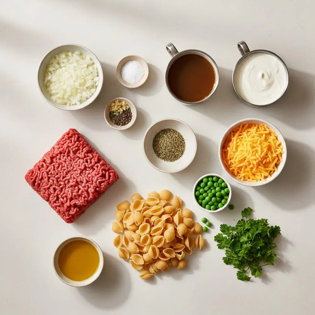 One-Pot Creamy Beef and Shells ingredients