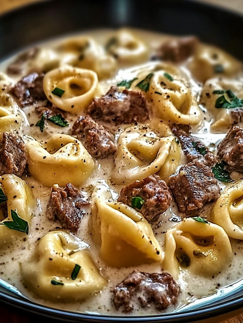 Cheesesteak Tortellini in Creamy Provolone Sauce