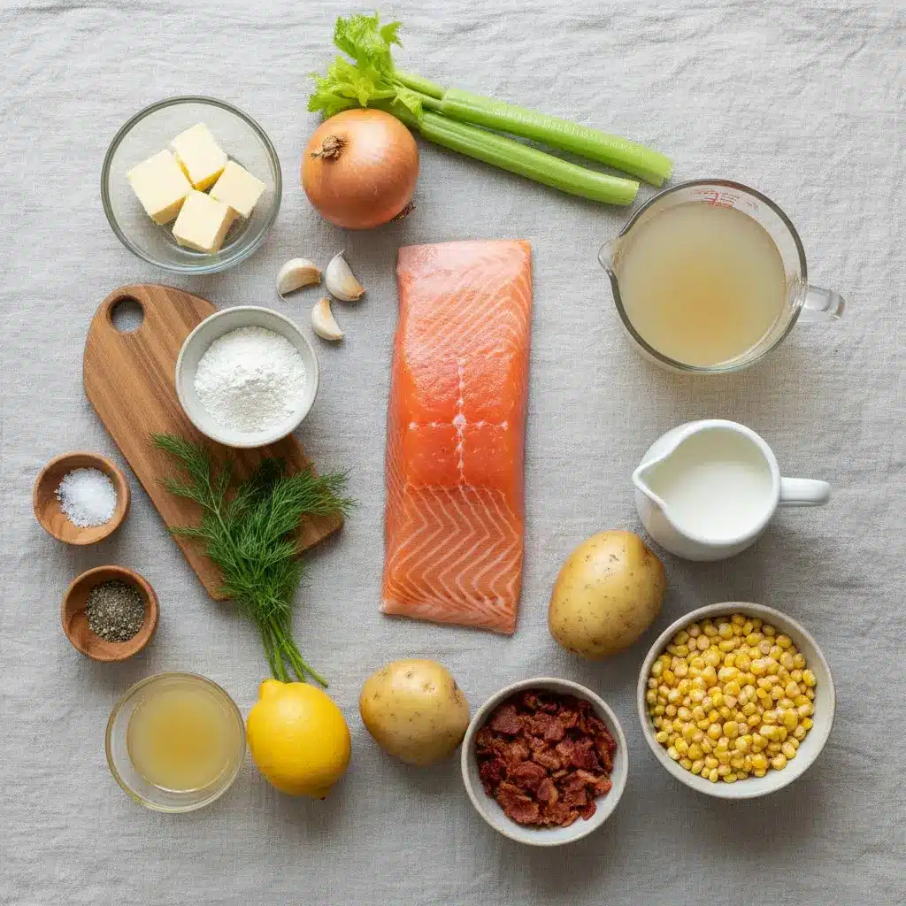 Creamy Salmon Chowder Soup with Fresh Dill ingredients