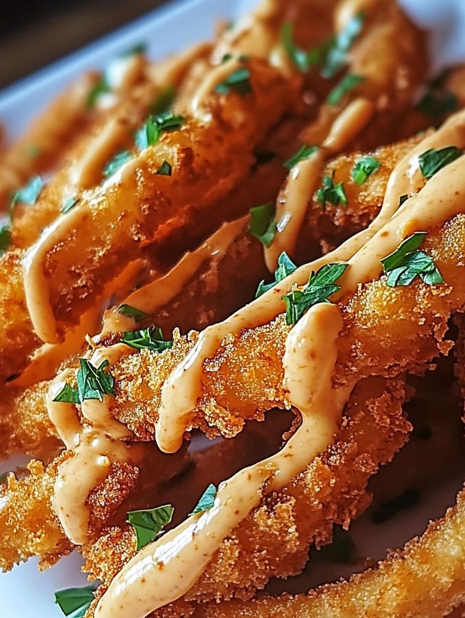 Crispy Onion Rings Drizzled with Spicy Mayo