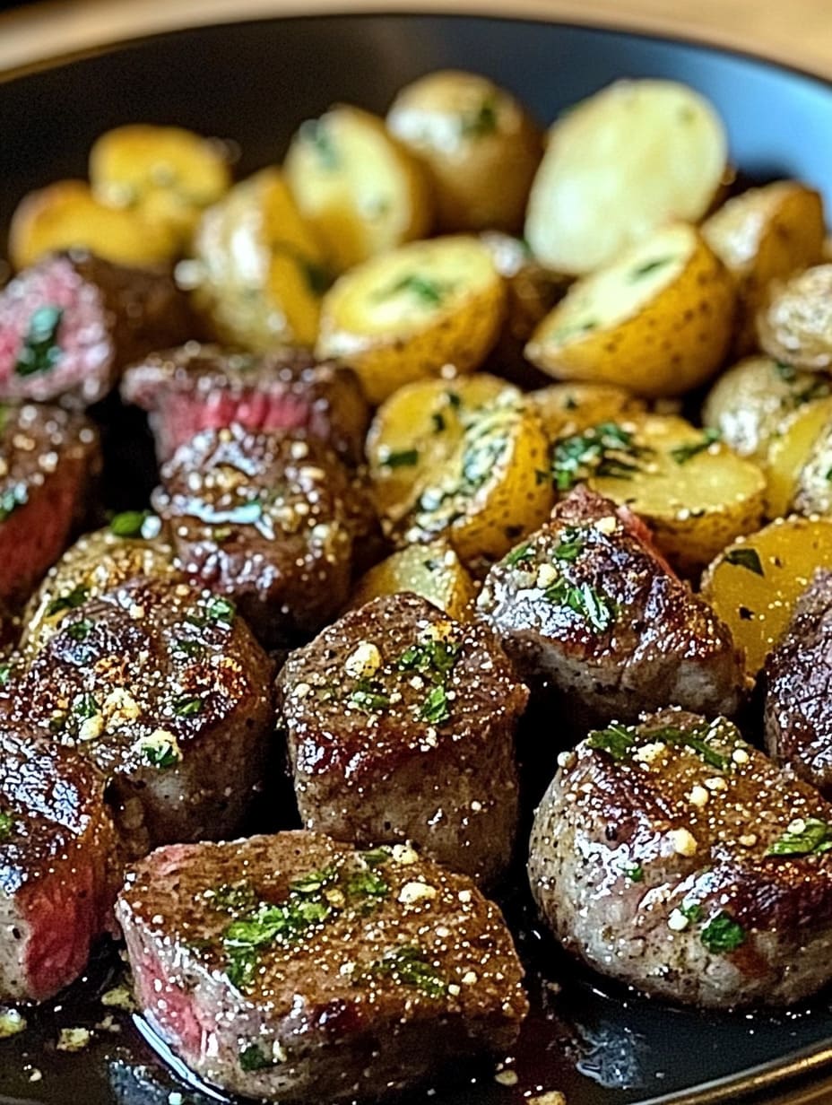 Garlic Butter Steak Bites with Parmesan Roasted Potatoes