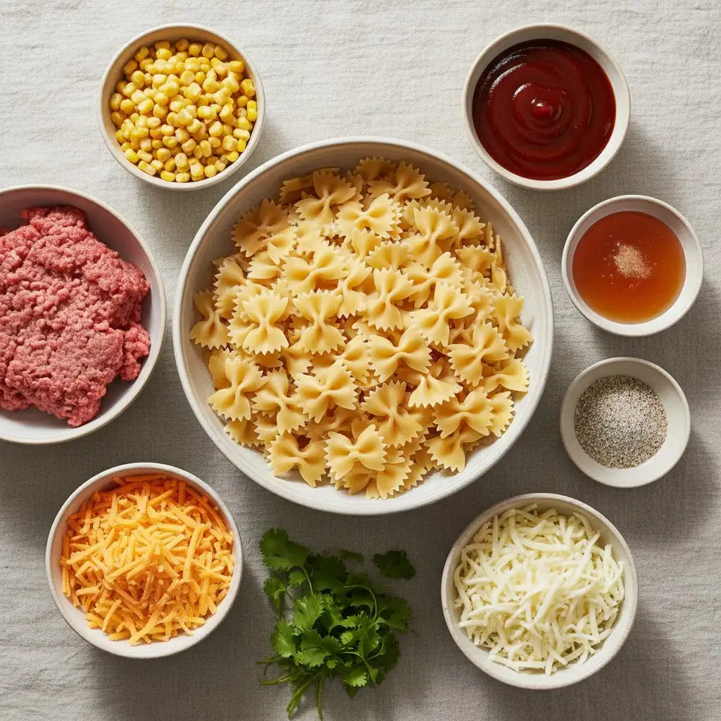 Zesty Honey BBQ Ranch Beef Bowtie Bake ingredients