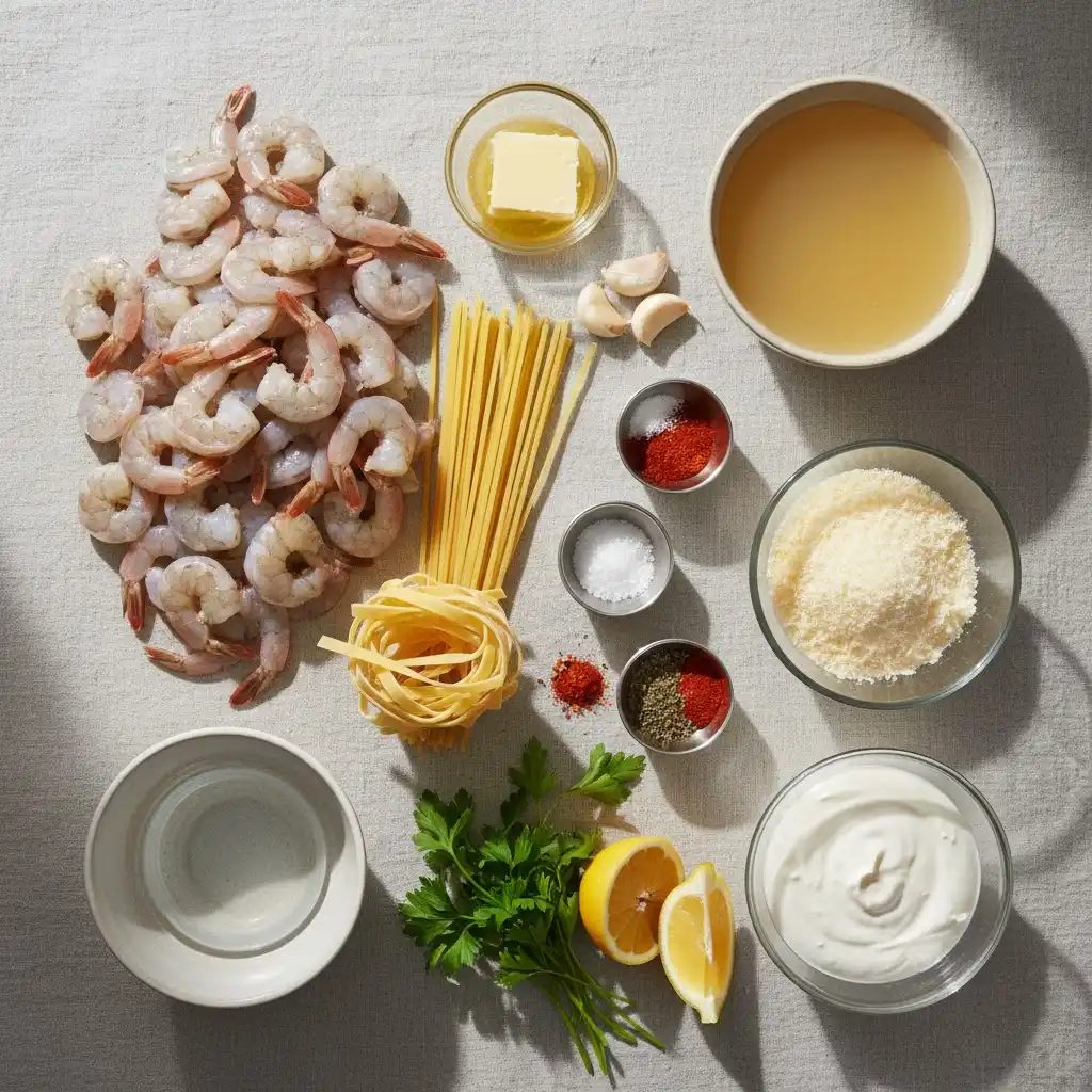 Creamy Slow Cooker Garlic Shrimp Pasta ingredients