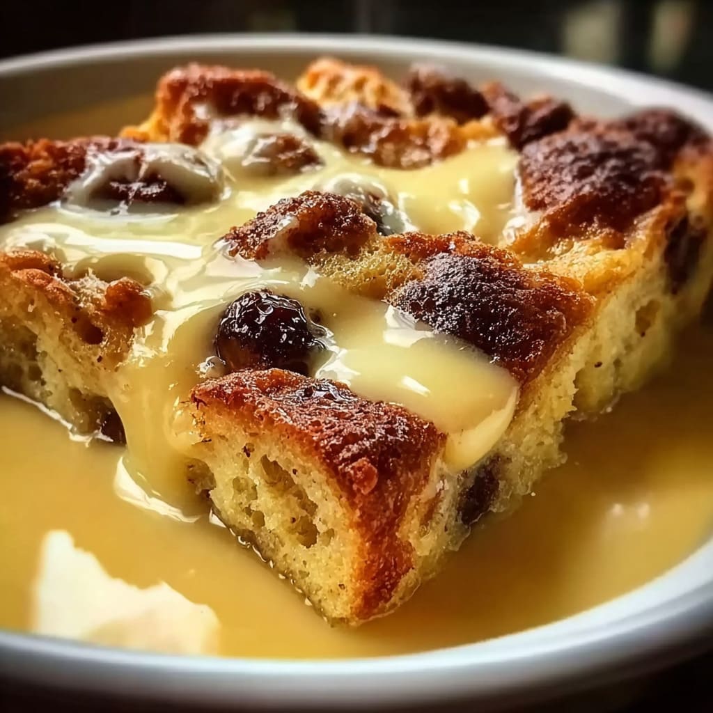 Classic Bread Pudding with Warm Vanilla Sauce