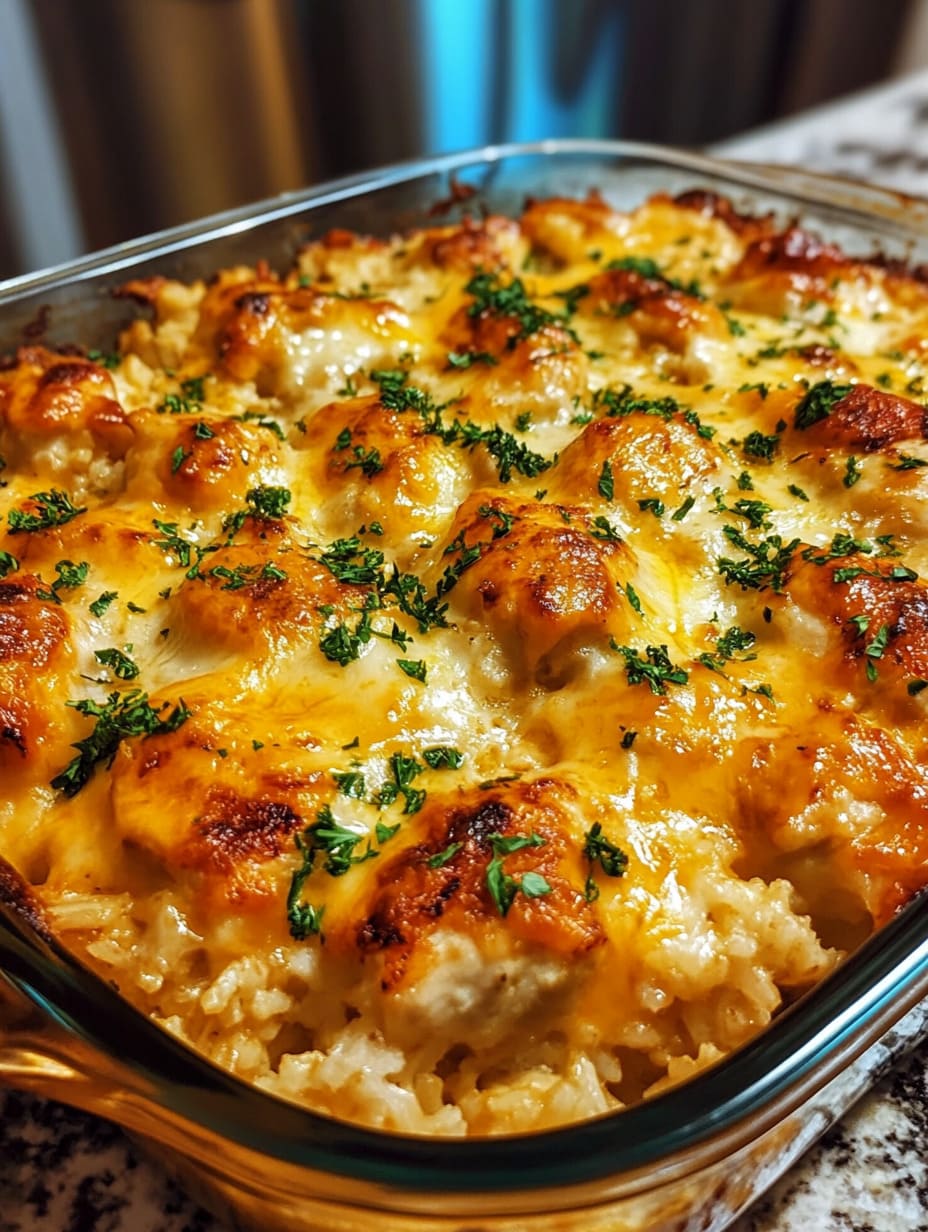 CHEESY CAJUN CHICKEN & RICE BAKE WITH GARLIC BUTTER DRIZZLE