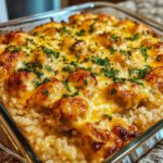 CHEESY CAJUN CHICKEN & RICE BAKE WITH GARLIC BUTTER DRIZZLE