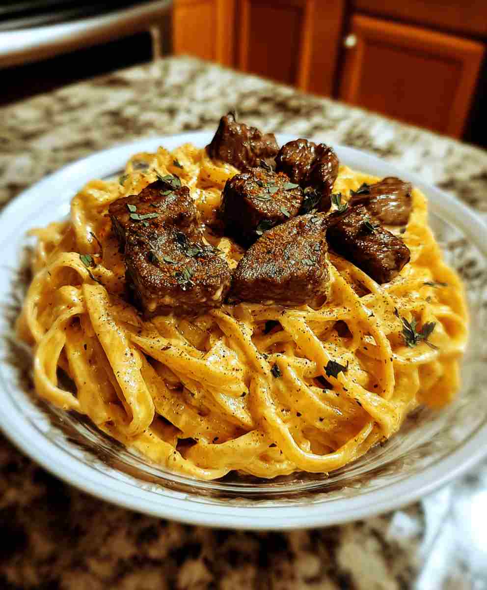 Cajun Steak Fettuccine with Cheddar Alfredo