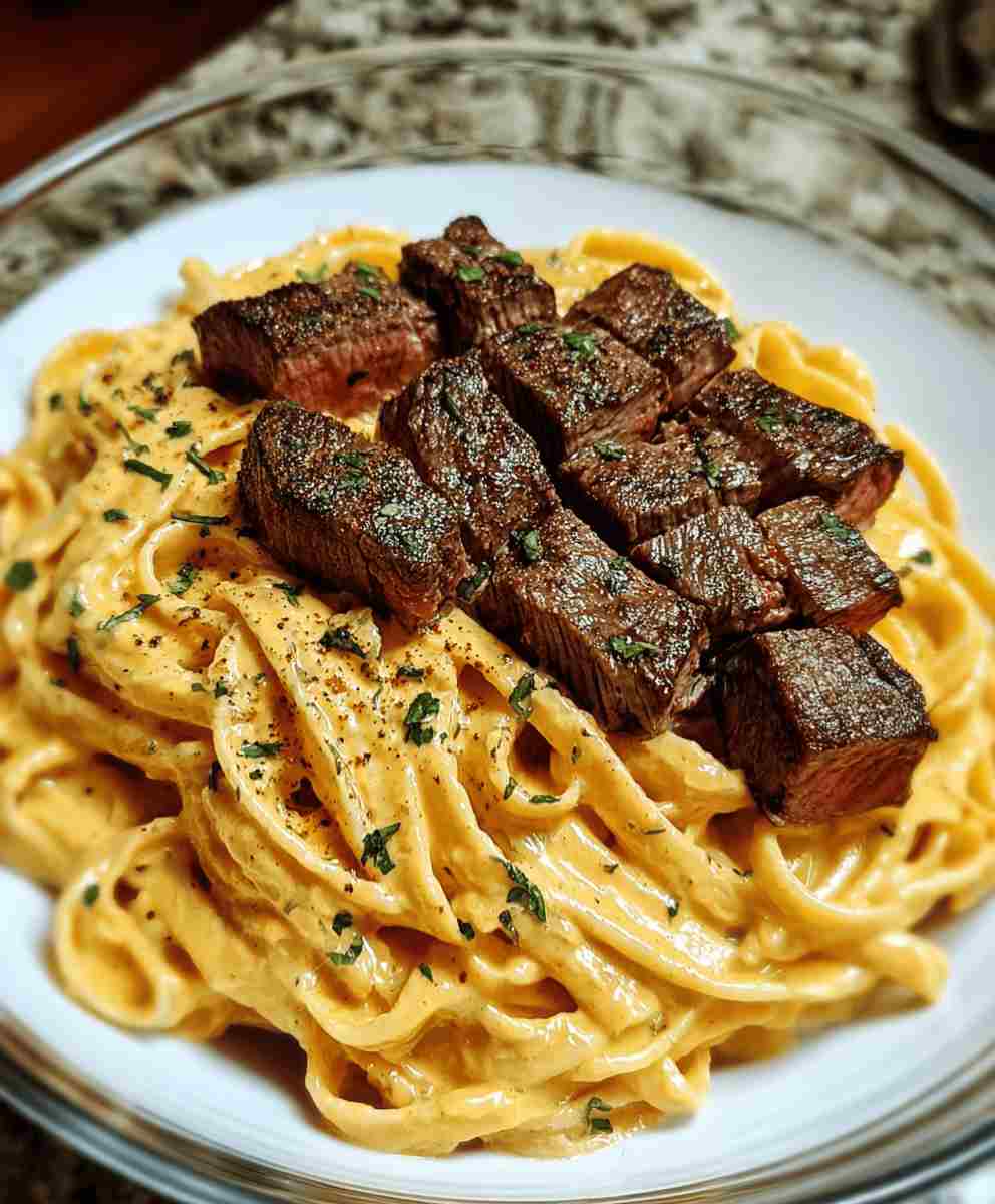 Cajun Steak Fettuccine with Cheddar Alfredo