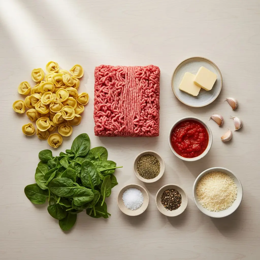 Creamy Garlic Butter Tortellini with Beef & Spinach ingredients