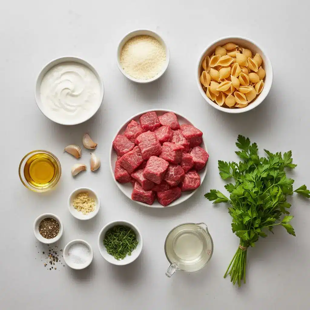 Creamy Parmesan Steak Bites with Shell Noodles ingredients