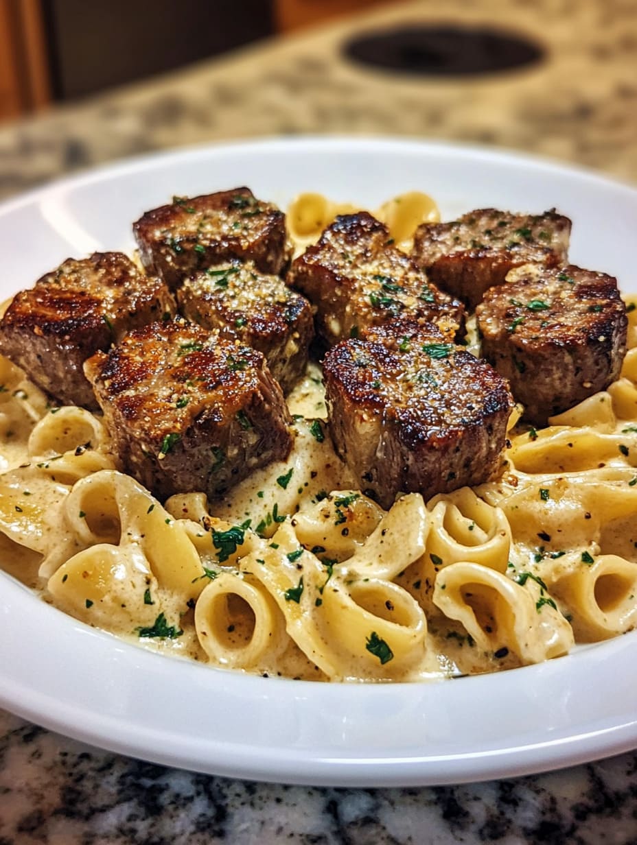 Creamy Parmesan Steak Bites with Shell Noodles