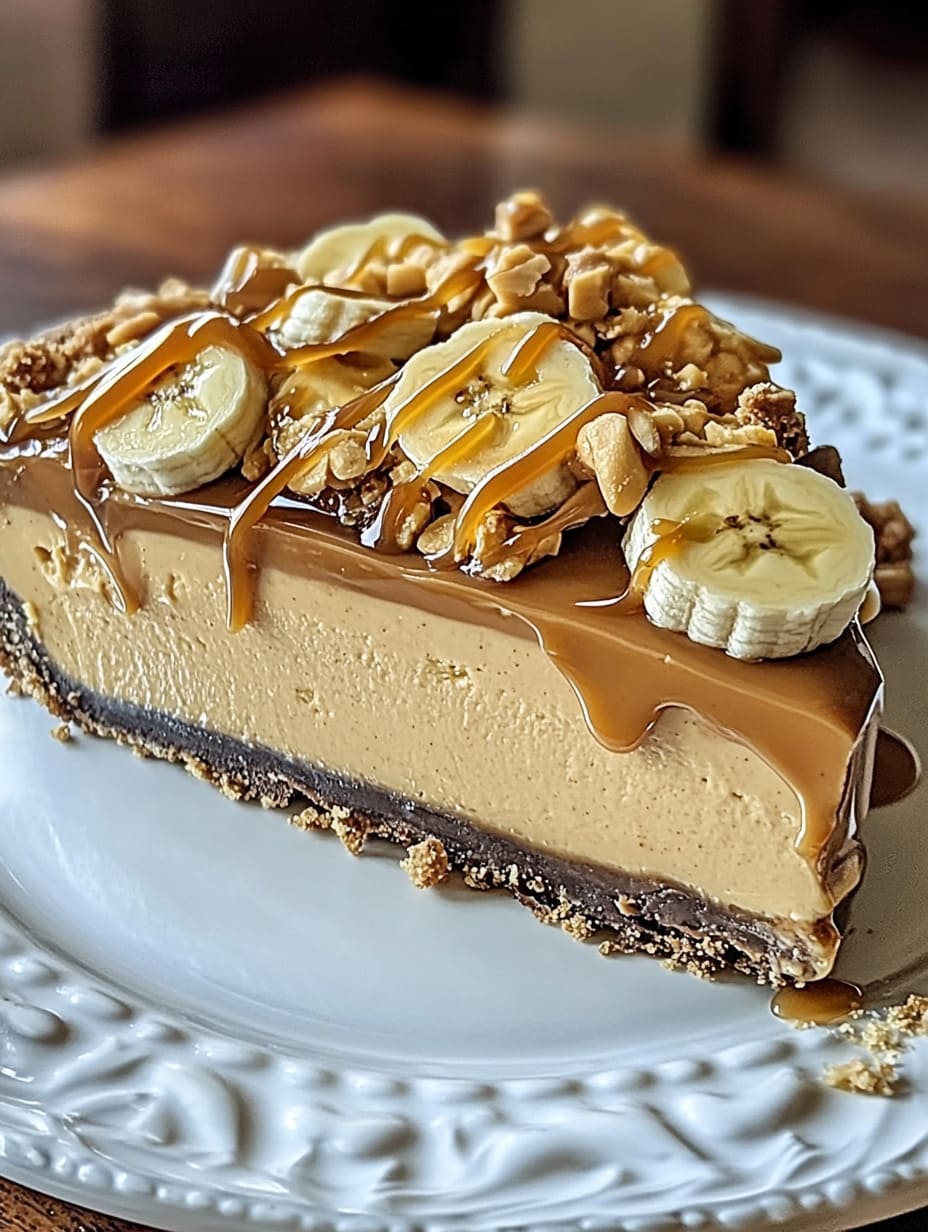 Luscious Banana Caramel Peanut Butter Cheesecake Pie