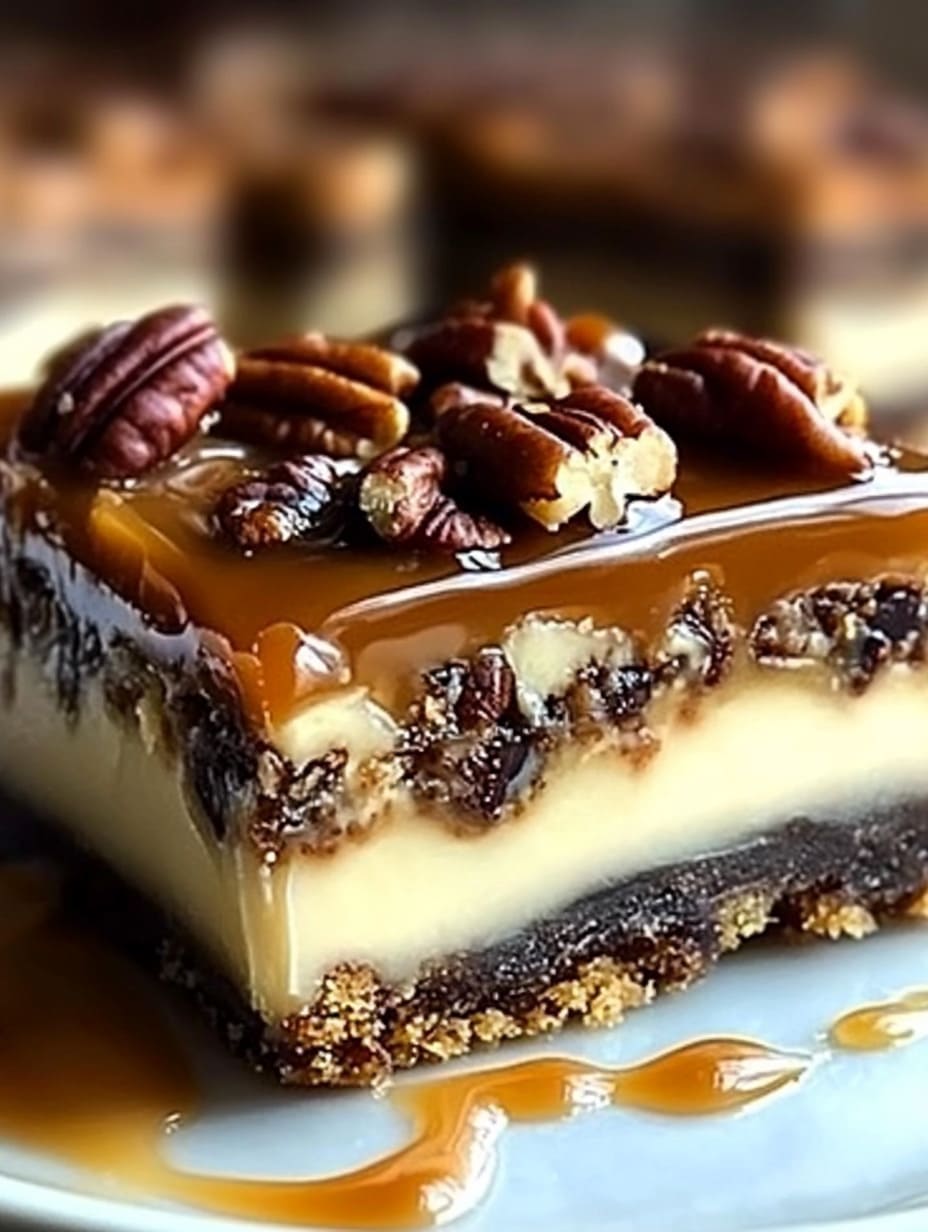 Caramel Pecan Turtle Cheesecake Bars