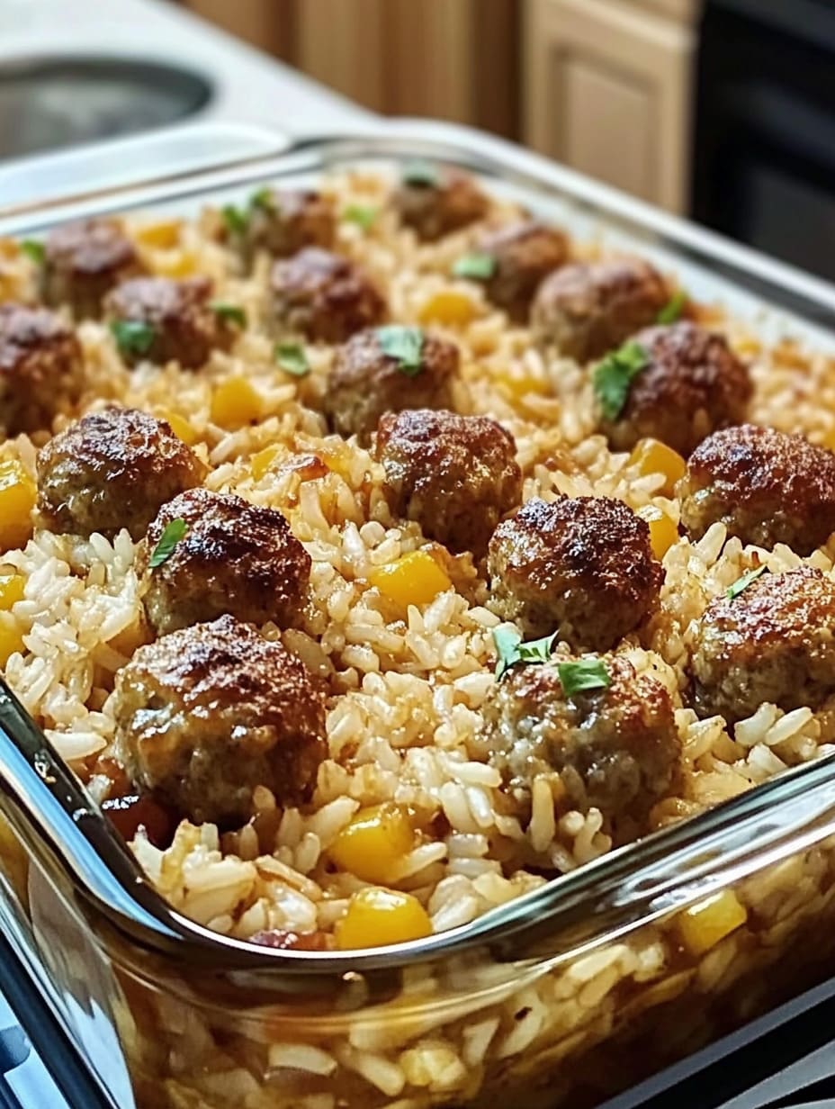 Honey Garlic Meatball Rice Bake