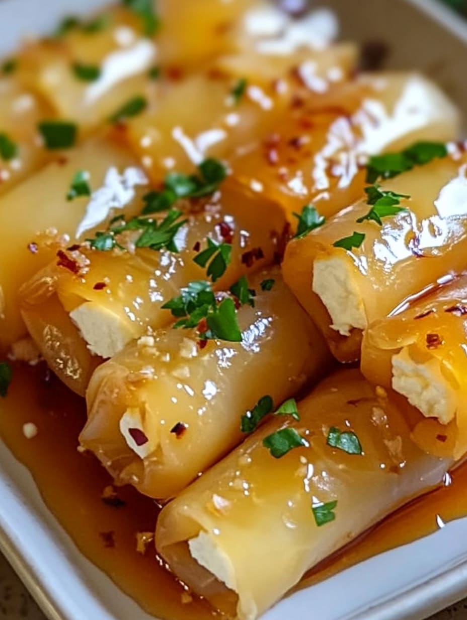 Oven Fried Feta Rolls with Chili Honey