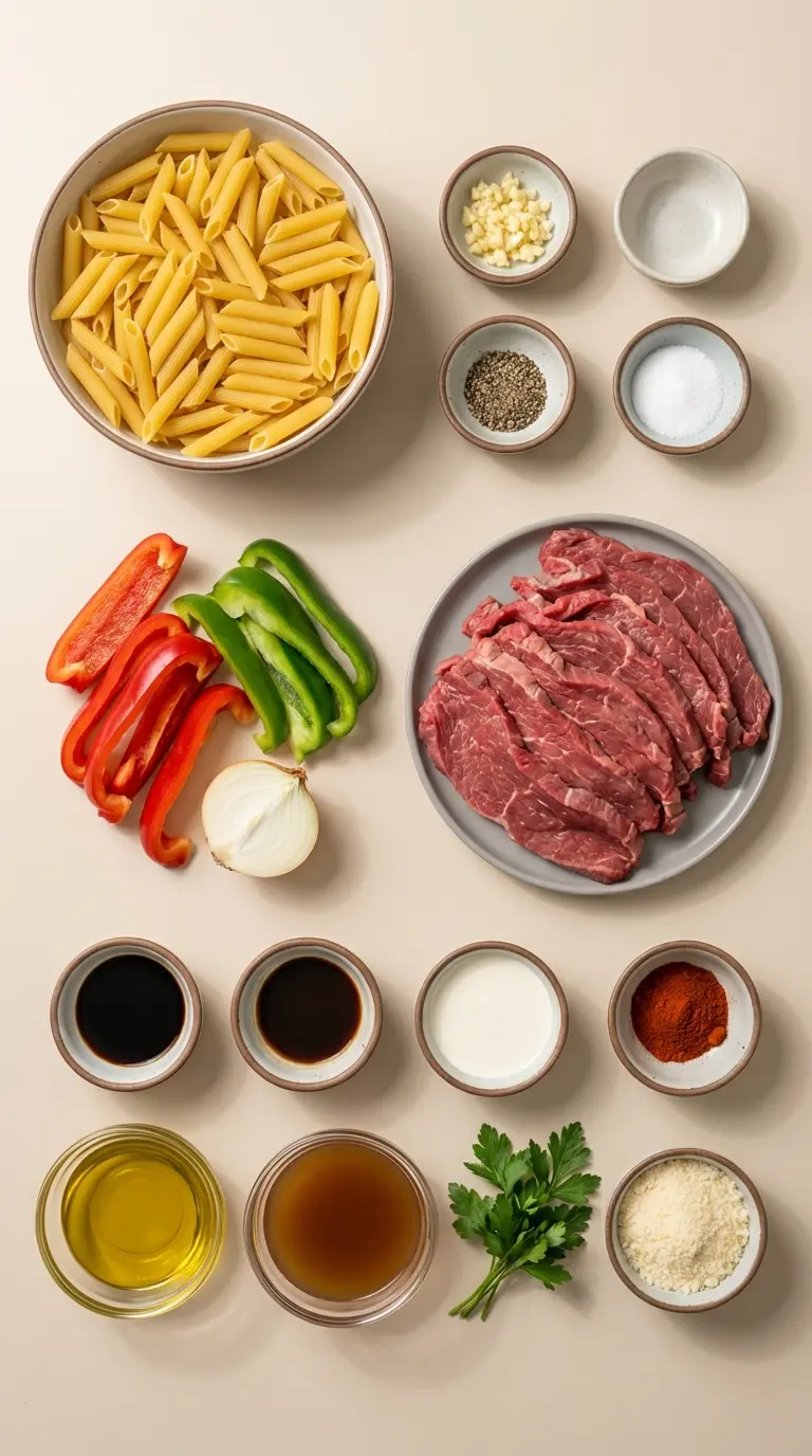 Pepper Steak Pasta Easy Weeknight Dinner ingredients