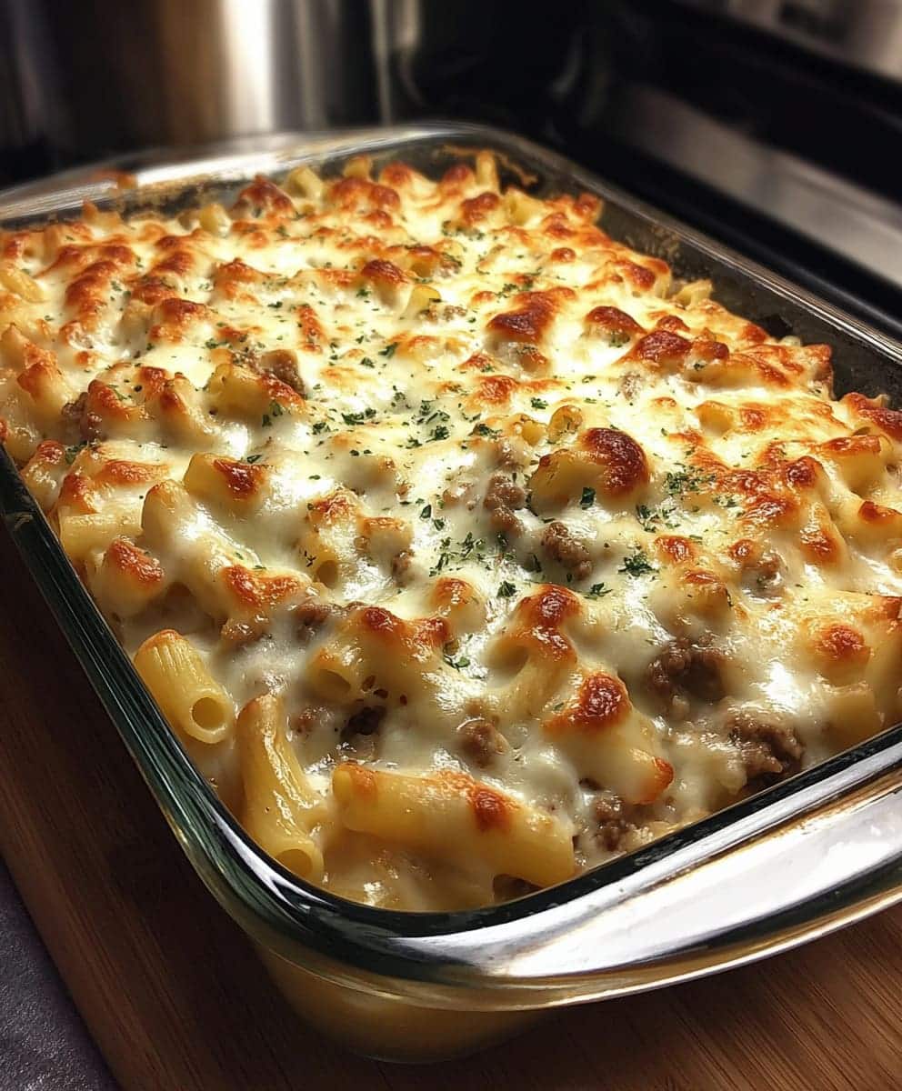 Creamy Beef Alfredo Ziti Casserole