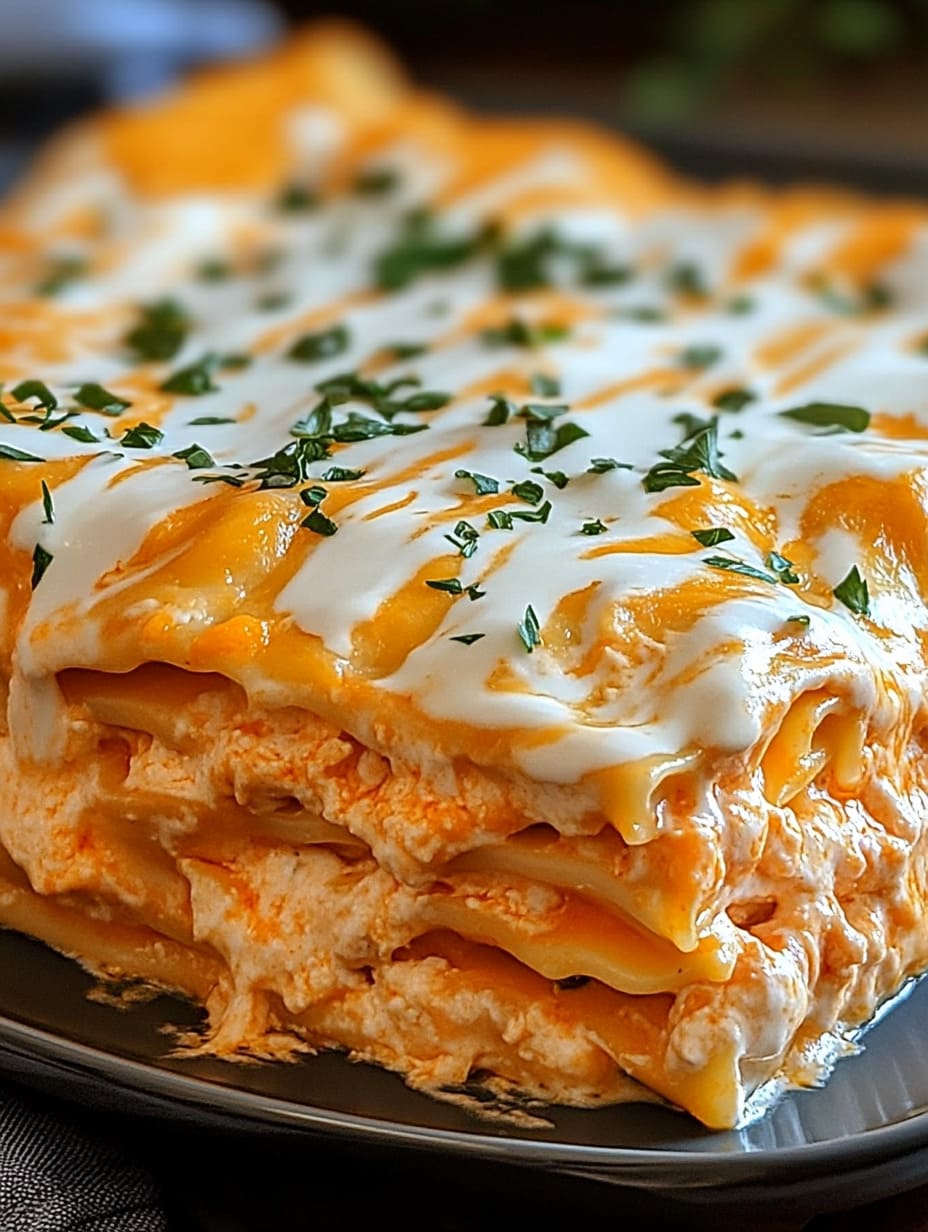 Cheesy Buffalo Chicken Lasagna with Ranch Drizzle