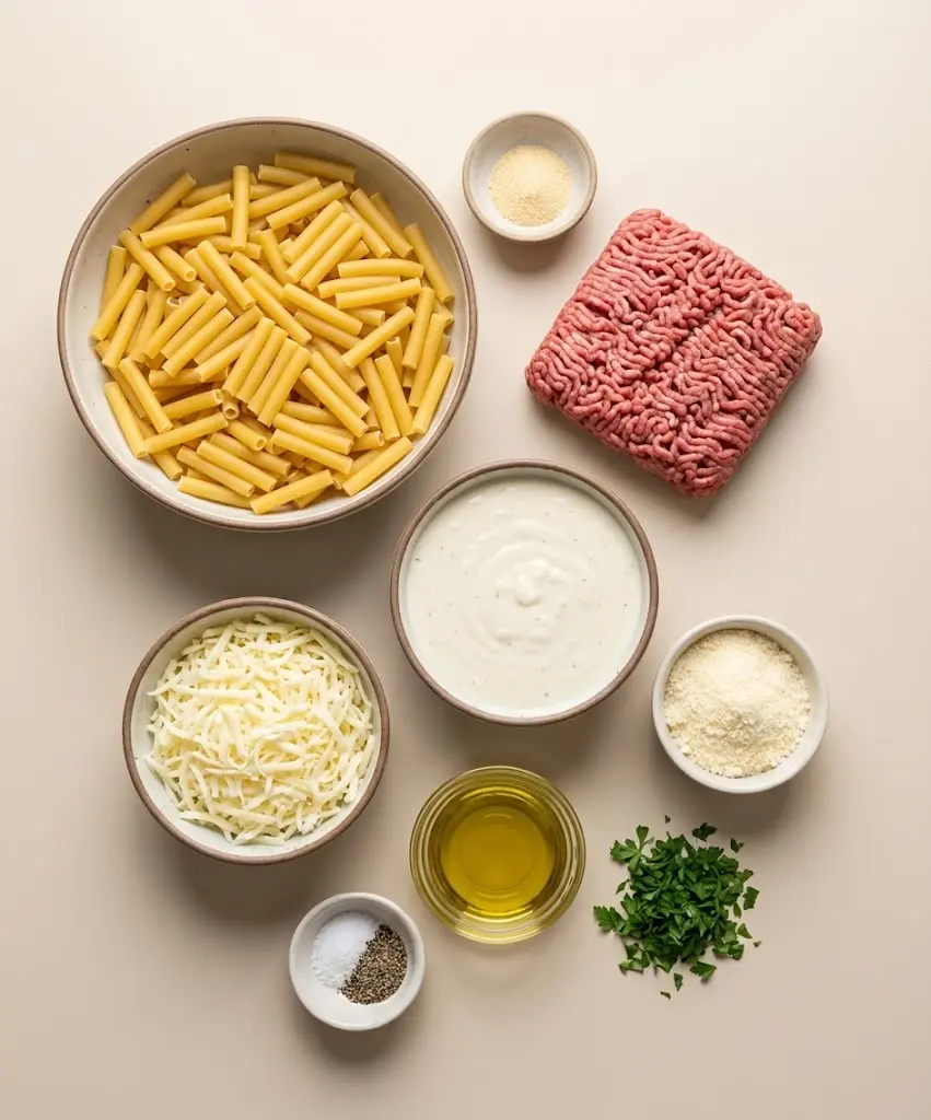 Creamy Beef Alfredo Ziti Casserole ingredients