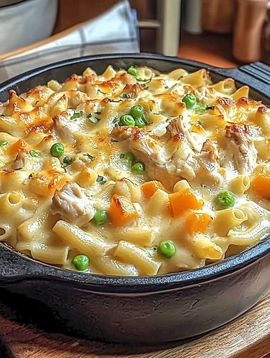 Creamy Chicken Pot Pie Pasta Bake