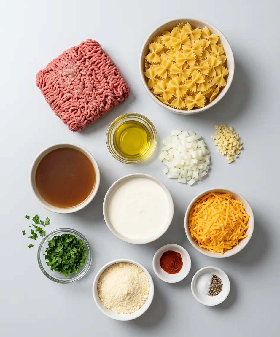 Creamy Beef and Bowtie Pasta Easy Weeknight Dinner Recipe ingredients