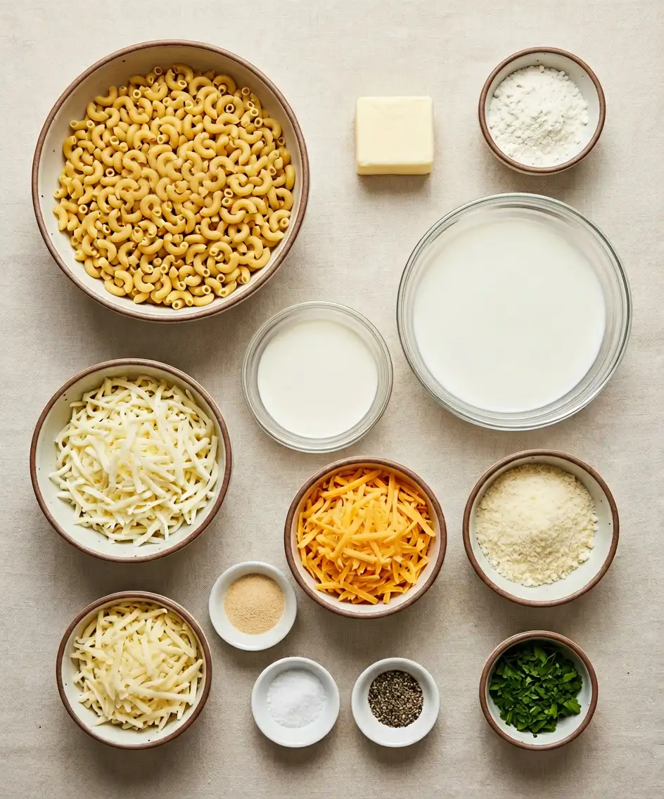 Creamy Four Cheese Baked Mac Ultimate Comfort Food ingredients