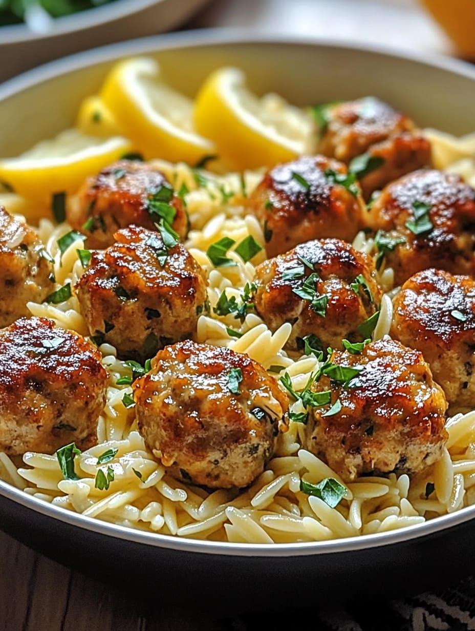 Greek Chicken Meatballs with Lemon Orzo Recipe