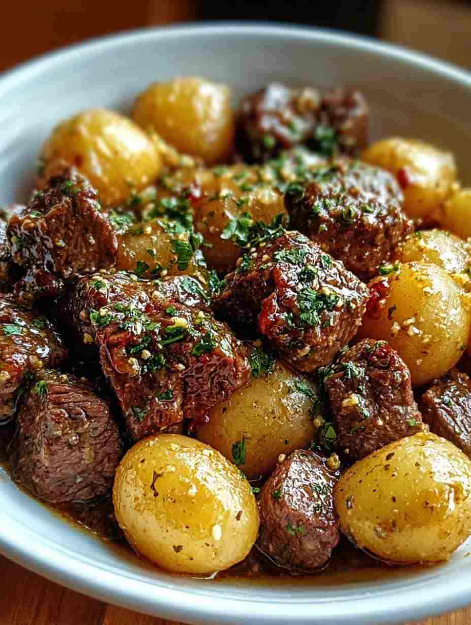 Slow Cooker Garlic Butter Beef Bites with Potatoes