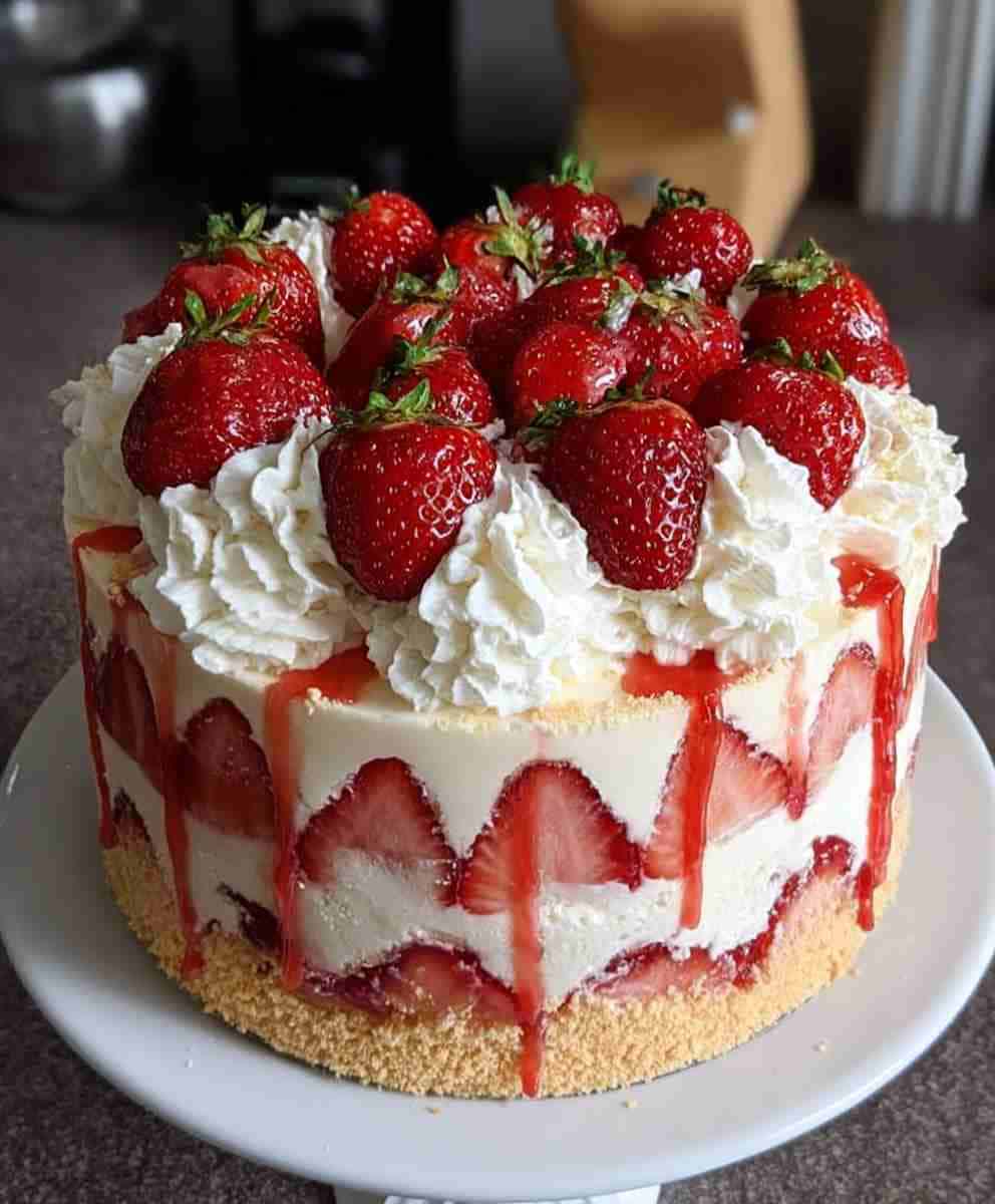 Strawberries and Cream Cheesecake Cake Recipe