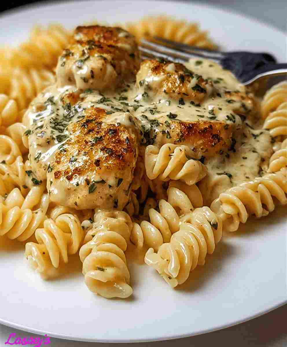 Creamy Garlic Parmesan Chicken with Cheesy Twisted Pasta