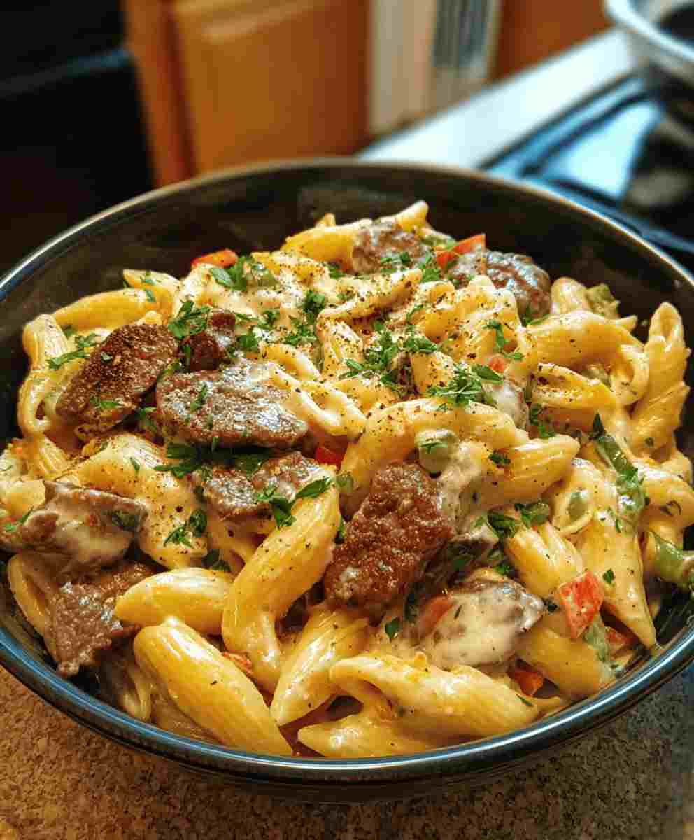 Philly Cheesesteak Pasta Creamy One Pot Recipe