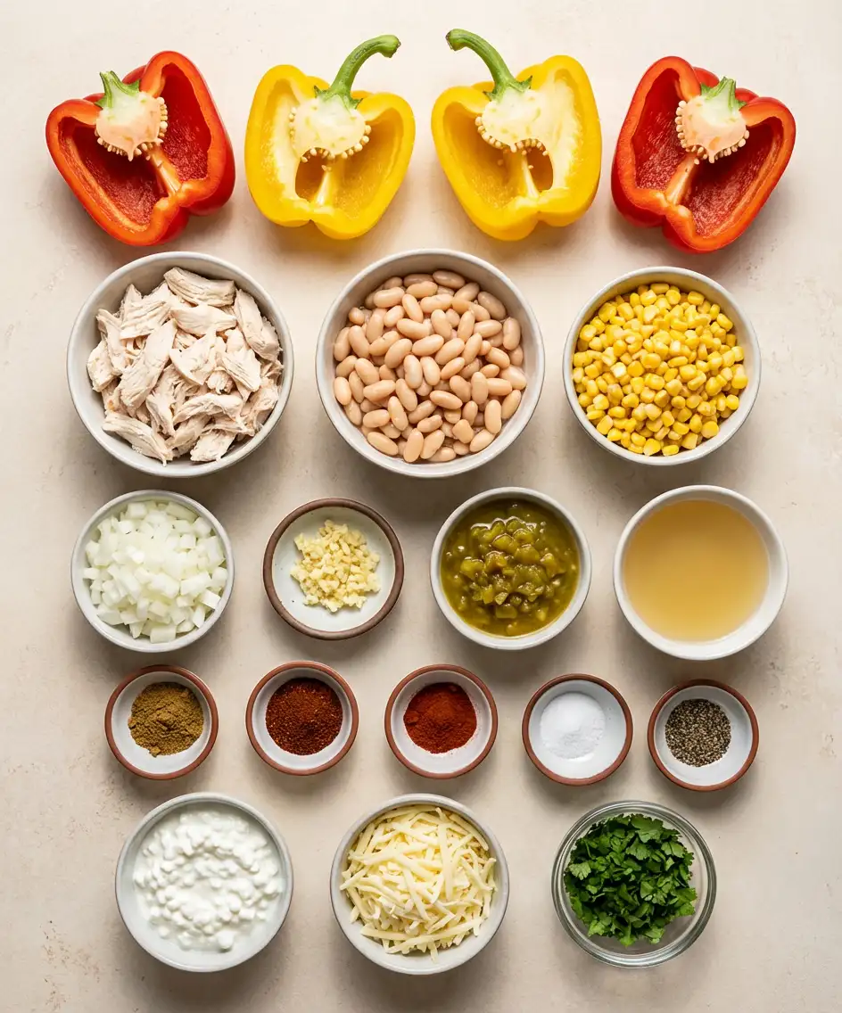 White Chicken Chili Stuffed Peppers Healthy Queso Topping ingredients
