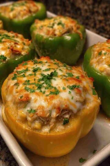 White Chicken Chili Stuffed Peppers Healthy Queso Topping