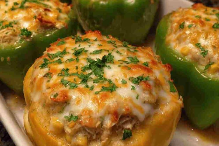 White Chicken Chili Stuffed Peppers Healthy Queso Topping