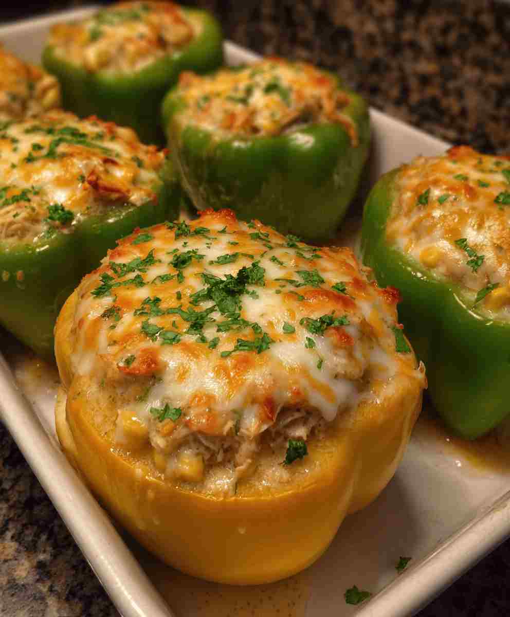 White Chicken Chili Stuffed Peppers Healthy Queso Topping