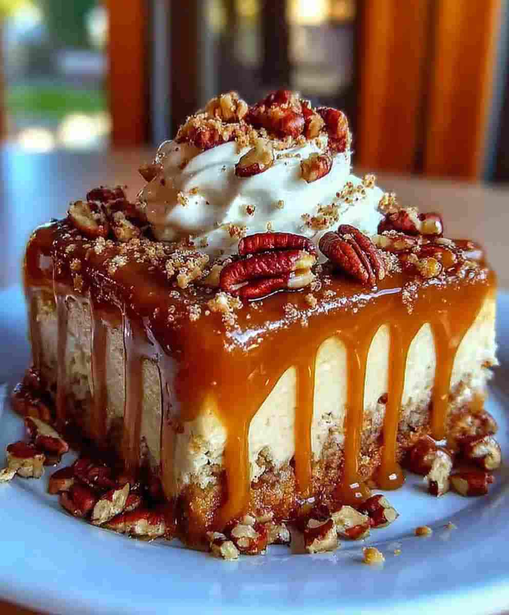 Caramel Butter Pecan Praline Poke Cake