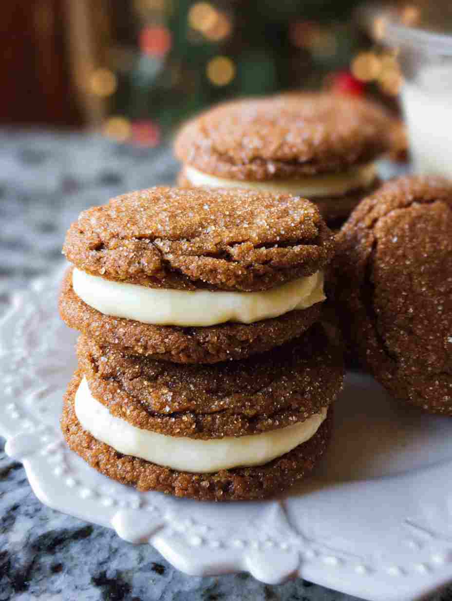 Ginger Molasses Sandwich Cookies with Eggnog Frosting