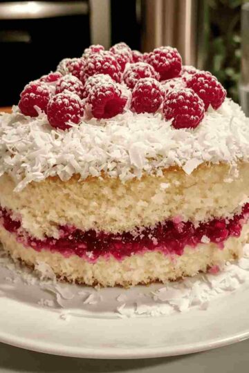 Raspberry Coconut Snowball Cake
