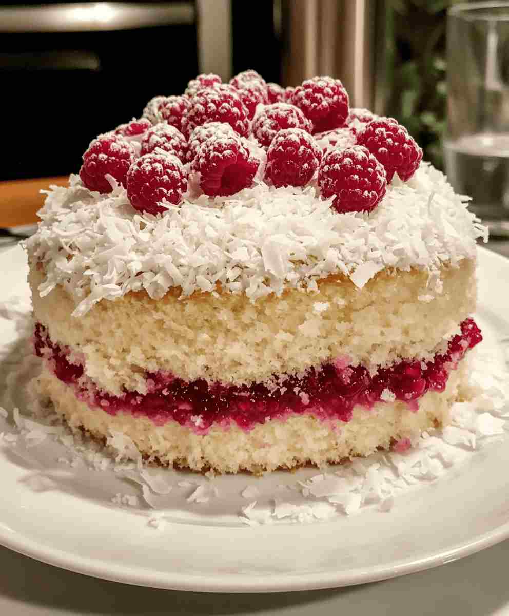 Raspberry Coconut Snowball Cake