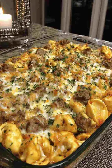 Golden Cheese Steak Tortellini Casserole