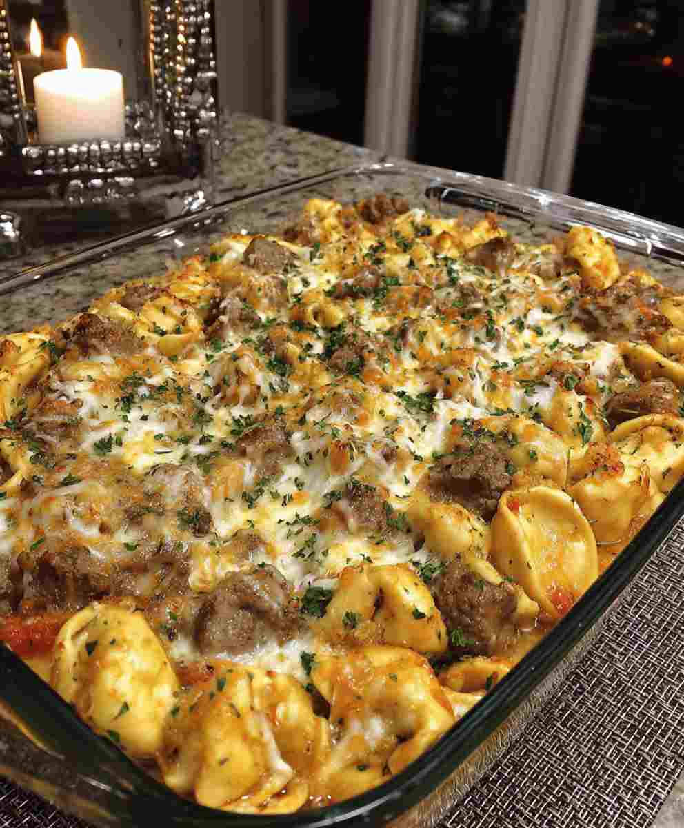 Golden Cheese Steak Tortellini Casserole