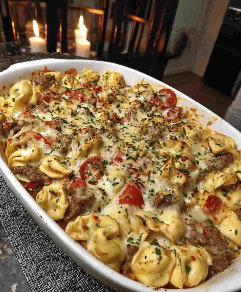 Golden Cheese Steak Tortellini Casserole