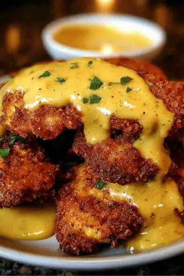 Pretzel Chicken with Mustard Cheddar Sauce