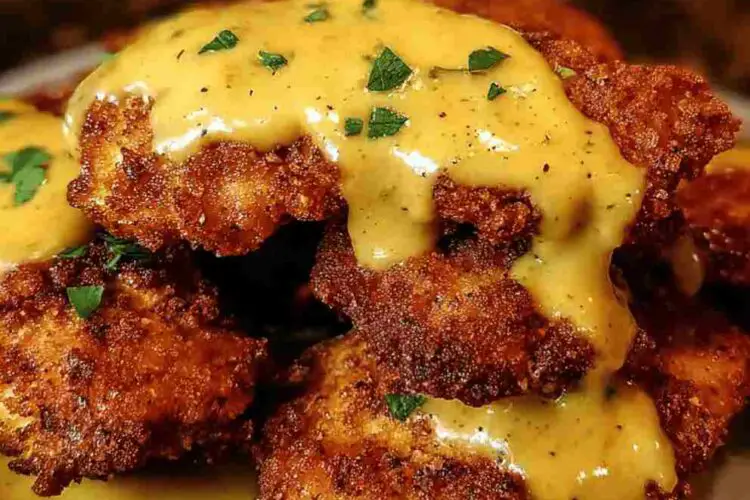 Pretzel Chicken with Mustard Cheddar Sauce