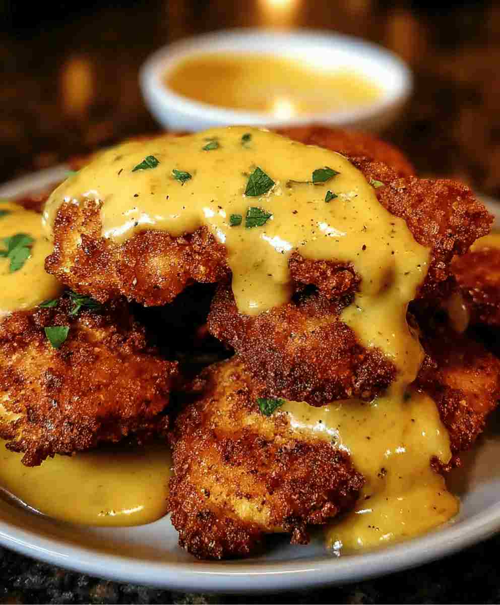 Pretzel Chicken with Mustard Cheddar Sauce