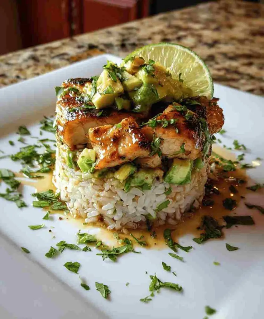 Honey Lime Chicken Avocado Rice Stack