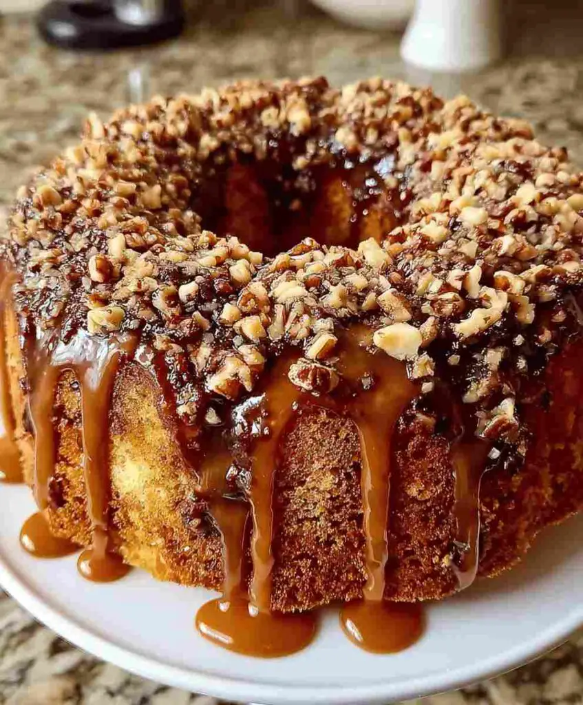 German Chocolate Pound Cake with Caramel Nut Glaze