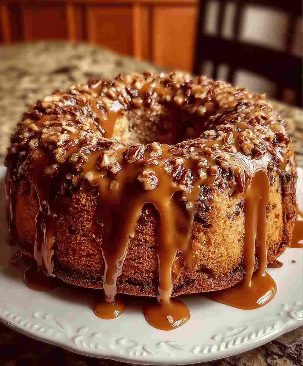 German Chocolate Pound Cake with Caramel Nut Glaze