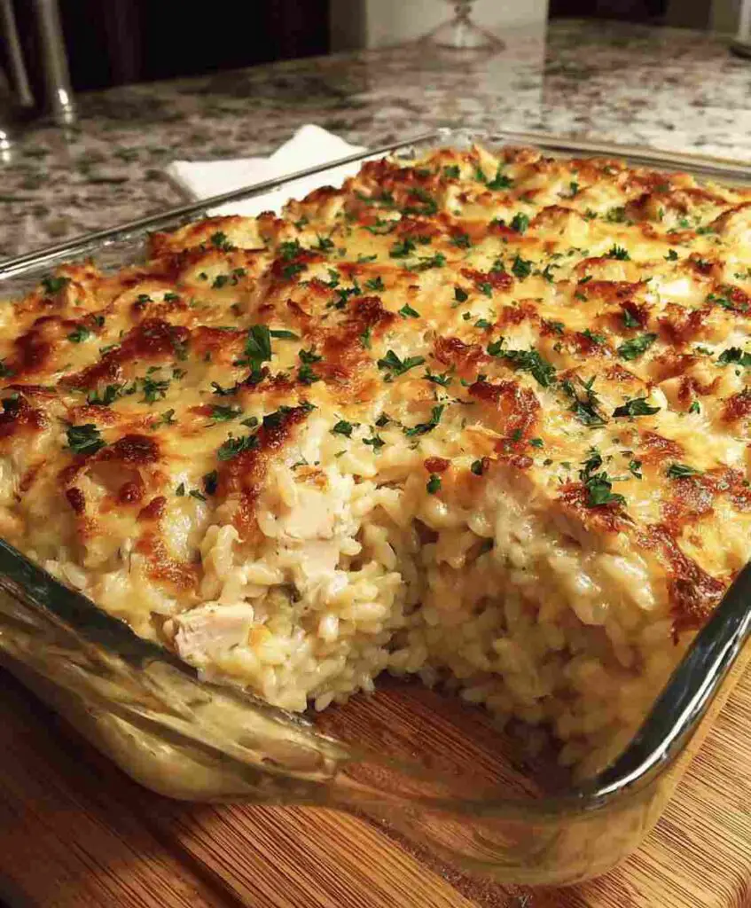 Dump and Bake Chicken Alfredo Rice Casserole